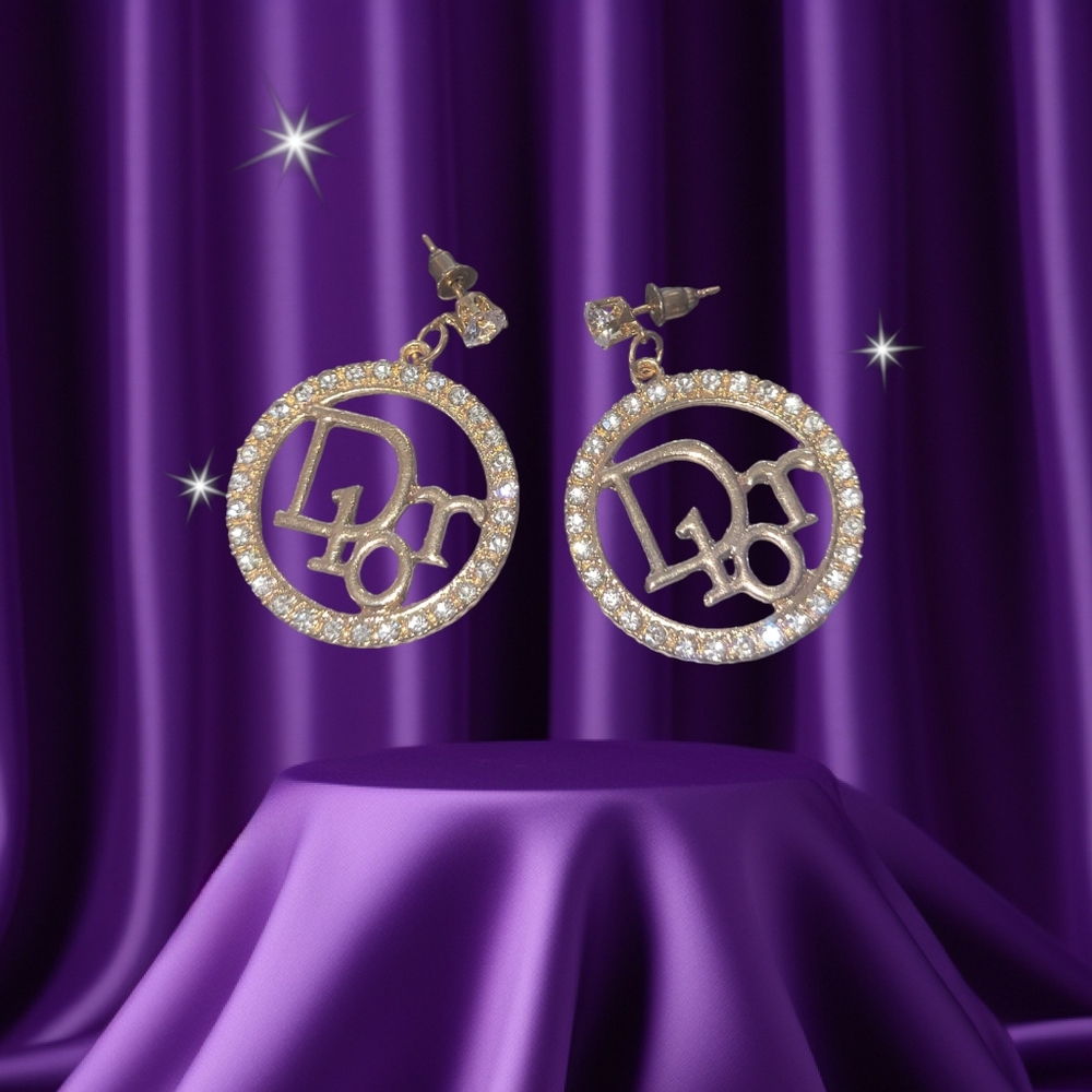 Christian Dior Rhinestone Circle Designer Monogram Earrings
